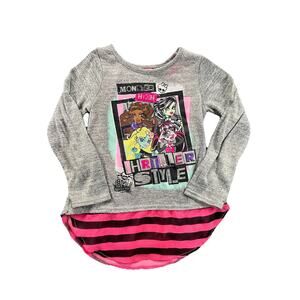 Monster High Shirt 4/5 XS Thriller Style Gray Long Sleeve Tulip Back Chiffon Hem